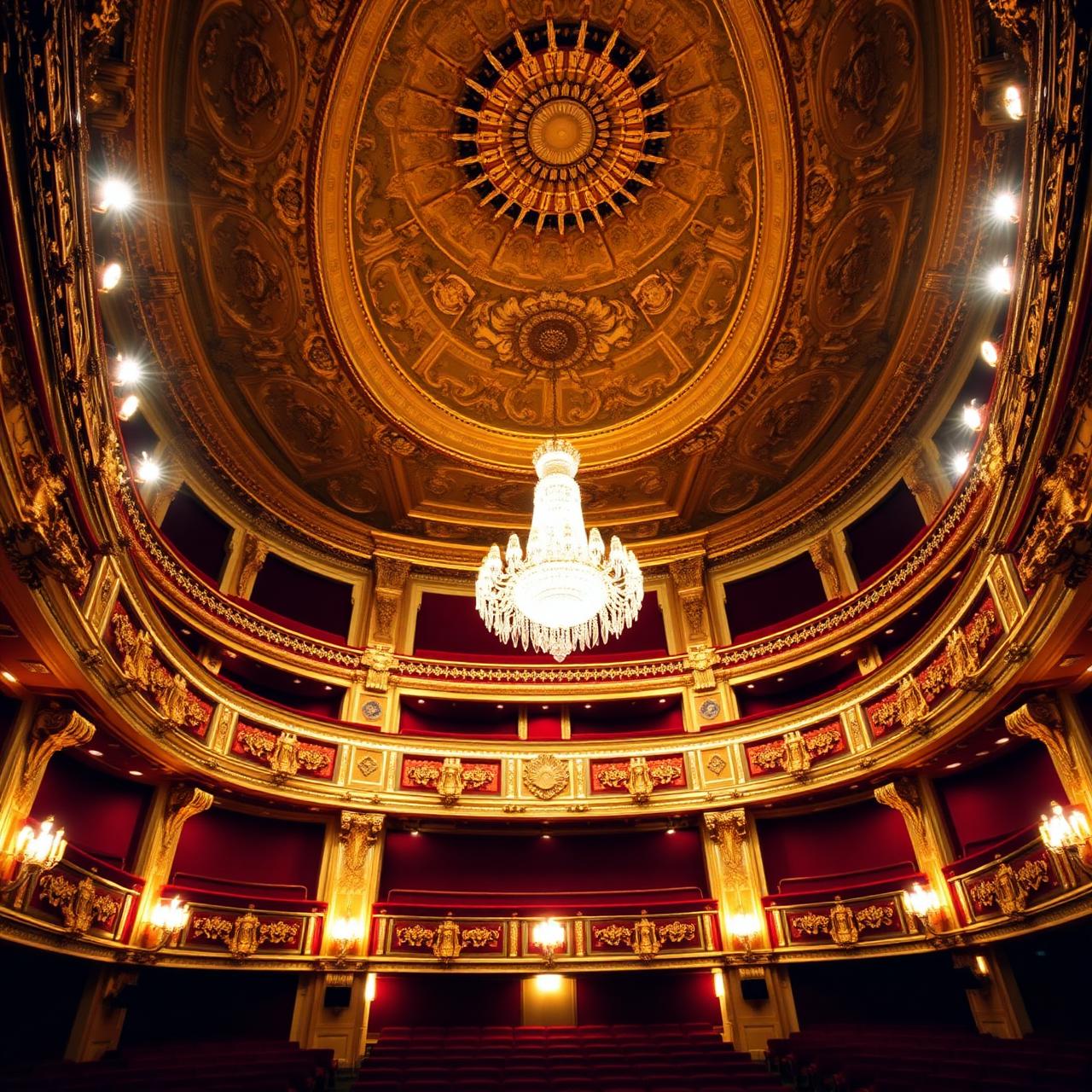 Goldener Theatersaal des Meininger Staatstheaters von innen, Blick auf Decke und Kronleuchter